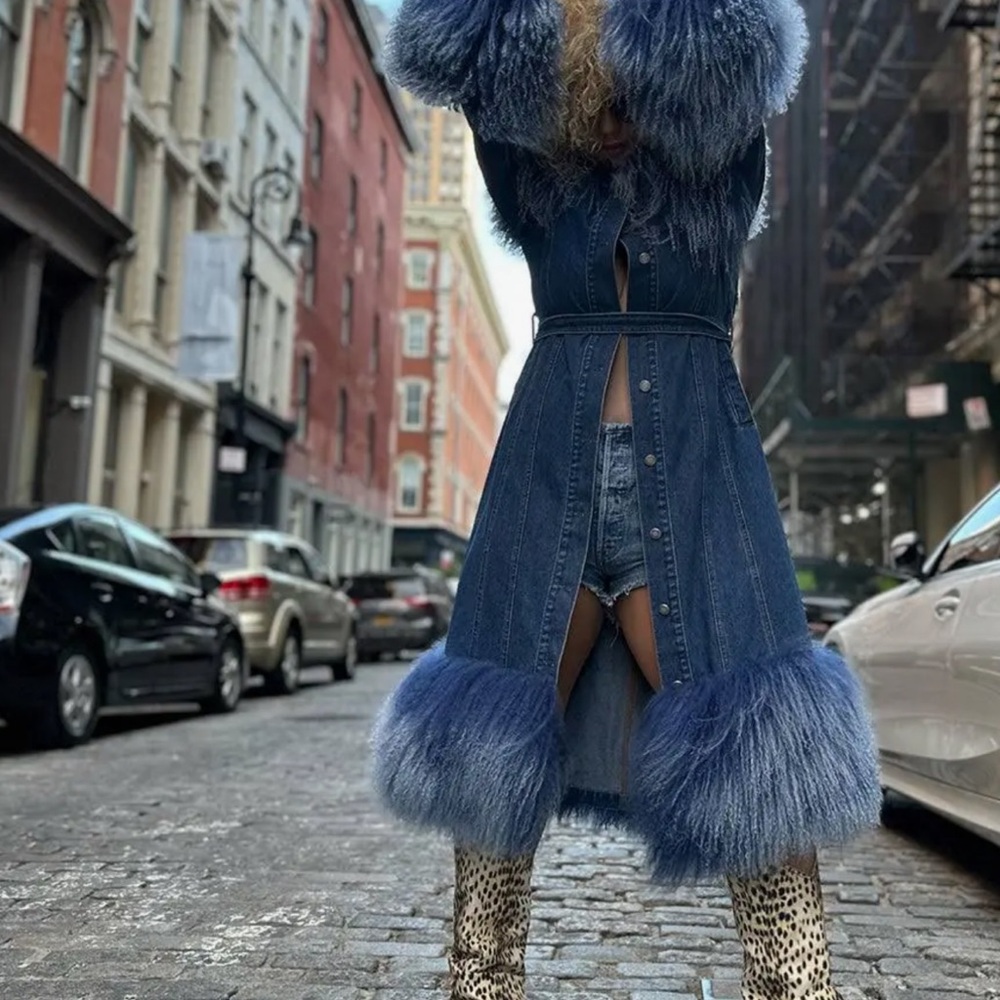 Denim Coat with Blue Fur Trim